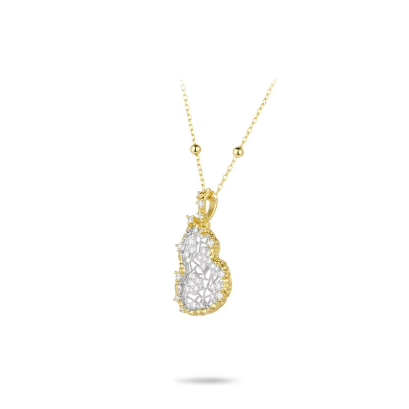 Bellux Pendant 925 Silver Gold-Plated Synthetic Zircon Gold Carved Pattern Full Diamond Hollow Gourd Women'S Necklace