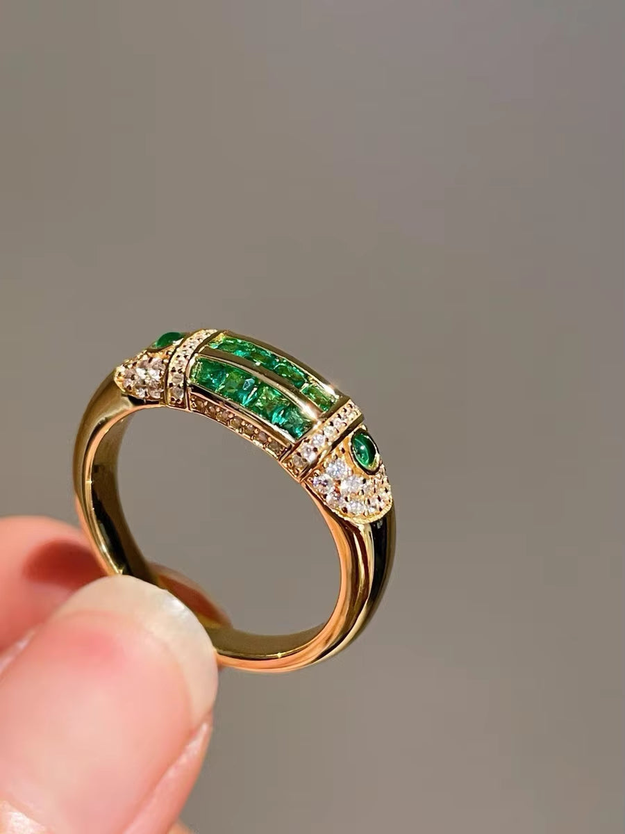 BELLUX Fashion New Arrival 925 Silver Gold Plated Synthetic Zircon Emerald Full Diamond Vintage Ring