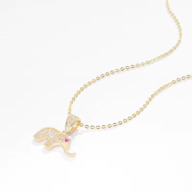 14K Solid Gold Cubic Zircon CZ Charms Necklace Animal Good Luck Elephant Pendant for Women with 925 Silver Link Chain