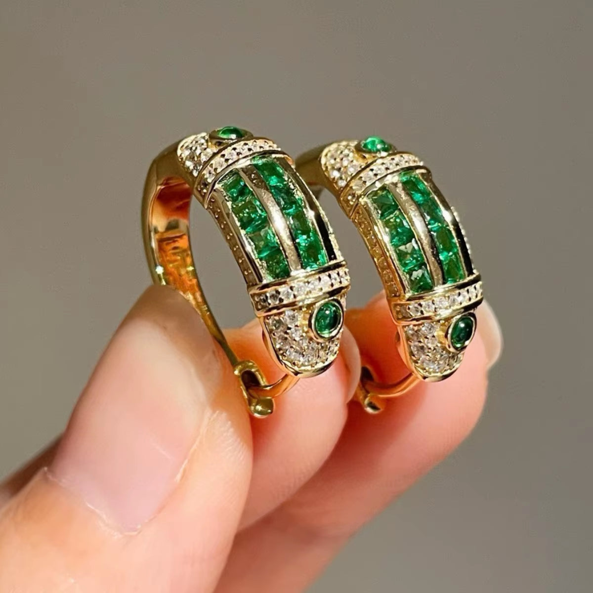 BELLUX Fashion New Arrival 925 Silver Gold Plated Synthetic Zircon Emerald Full Diamond Vintage Earrings