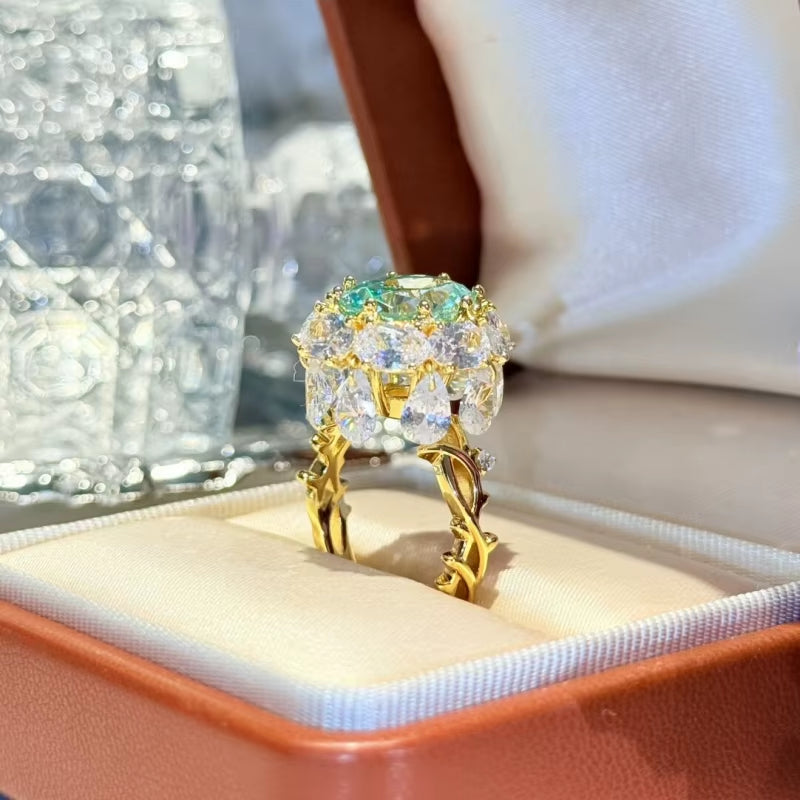 Bellux 925 Sterling Silver Plated 18K Gold Synthetic Zircon Blue Green Paraíba Gemstone Fine Jewelry Tassel Ring