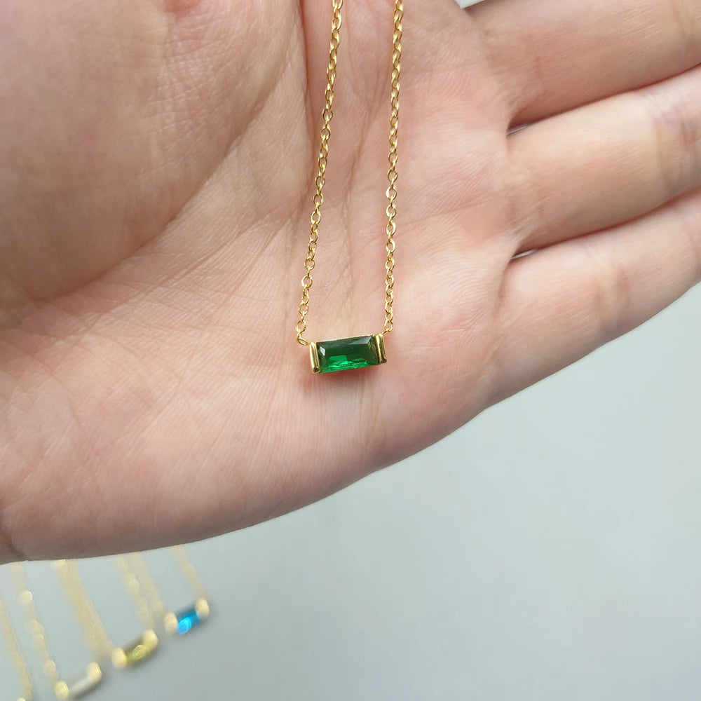 Dainty Baguette Birthstone CZ Charm Necklace