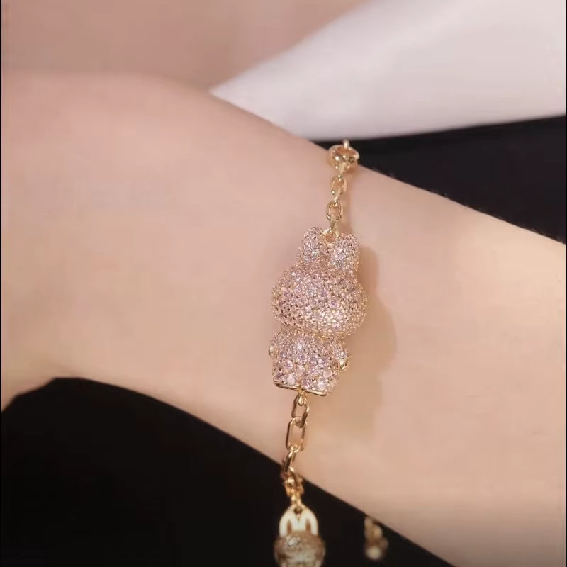 BELLUX New Design Chain 925 Silver Synthetic Zircon Strawberry Pink Rabbit Full Diamond Fashion Bracelet