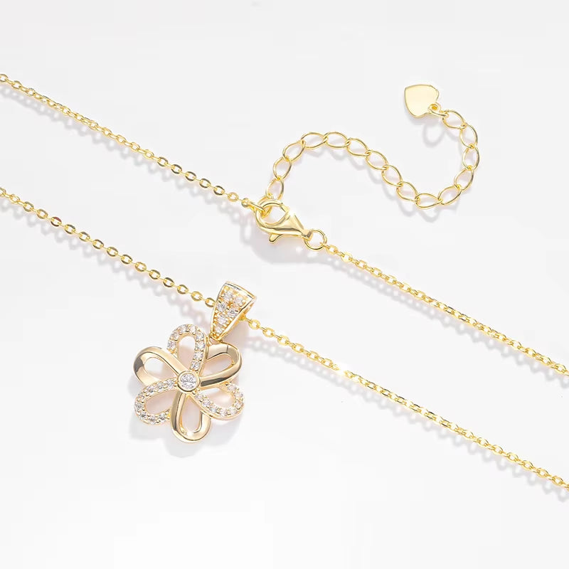 Au585 Cubic Zircon CZ 14K Solid Gold Diamond Flower Pendant Necklace for Women with 925 Sterling Silver Chain for Gift