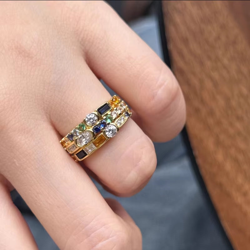 BELLUX 925 Silver Ring Color Geometric Irregular Artificial Yellow Blue Green Nano Gemstone Vintage Unisex Jewelry Ring