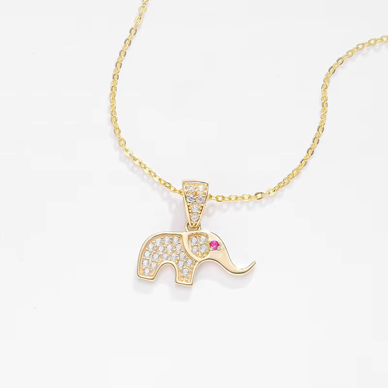 14K Solid Gold Cubic Zircon CZ Charms Necklace Animal Good Luck Elephant Pendant for Women with 925 Silver Link Chain